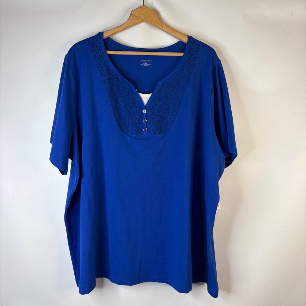 Catherines Knit Top Womens 3X Blue Lace Henley Short Sleeve Stretch 26/28W